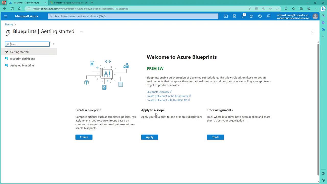 The image shows the "Getting Started" page for Azure Blueprints, providing options to create a blueprint, apply it to a scope, and track assignments. It includes a brief overview and links for further information.
