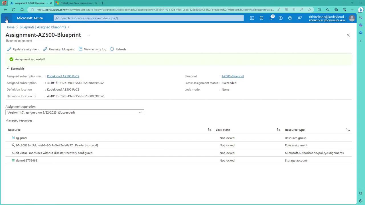 The image shows a Microsoft Azure portal page displaying details of a blueprint assignment named "Assignment-AZ500-Blueprint," indicating that the assignment succeeded. It includes information about the subscription, resources, and their lock states.