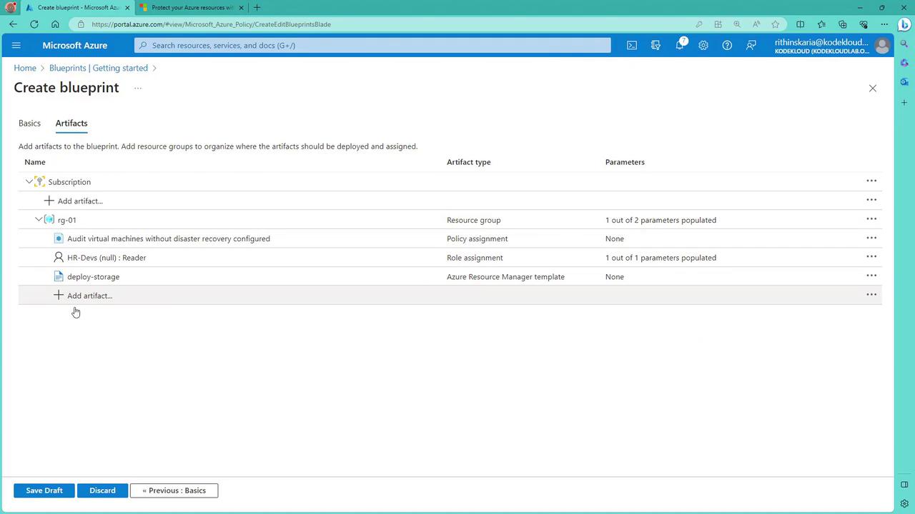 The image shows a Microsoft Azure portal interface for creating a blueprint, specifically on the "Artifacts" tab, where various artifacts like resource groups, policy assignments, and role assignments are listed.