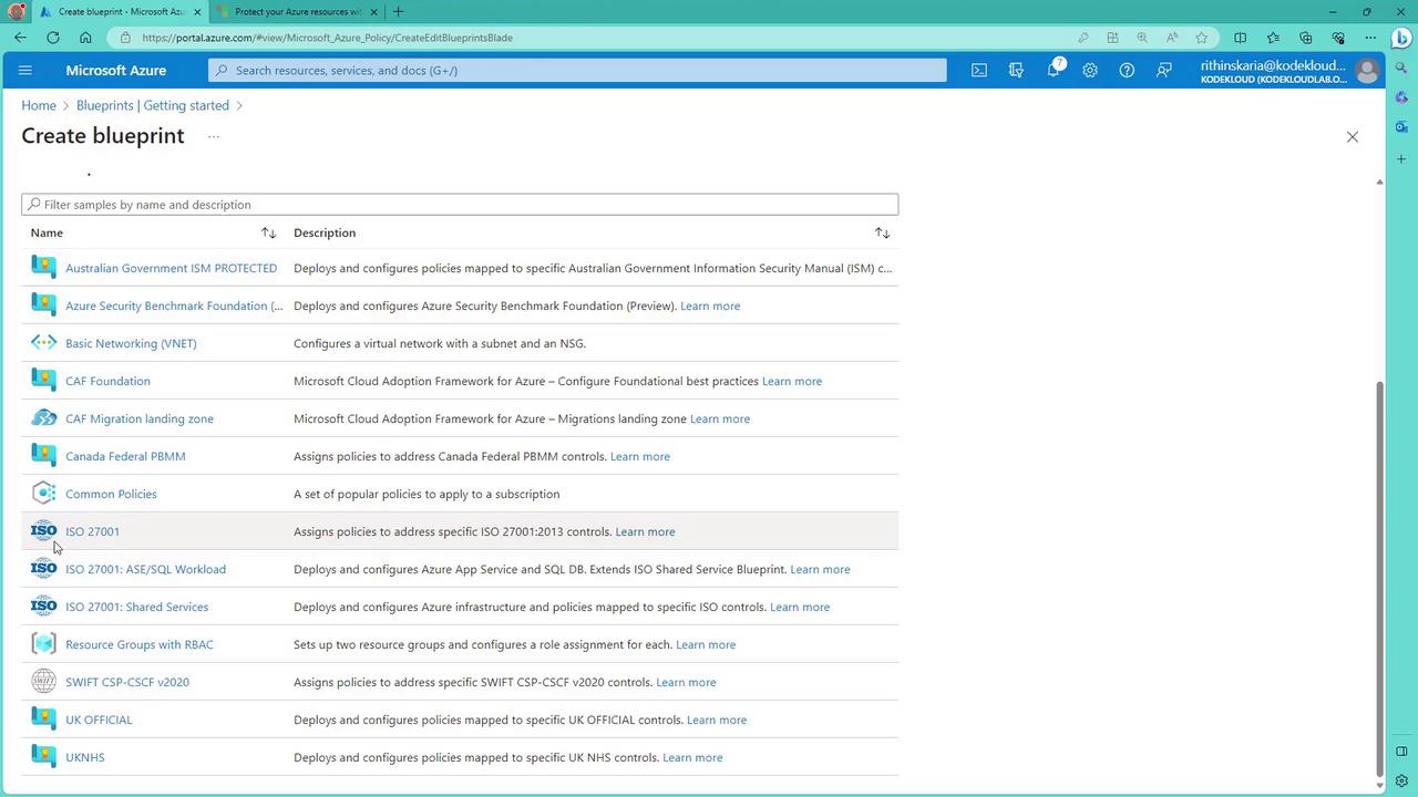 The image shows a Microsoft Azure portal page for creating a blueprint, listing various templates with names and descriptions for deploying and configuring policies.