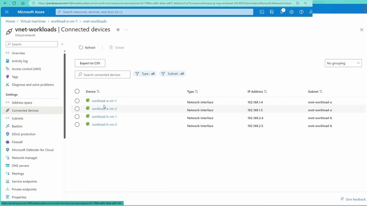 The image shows a Microsoft Azure portal interface displaying a list of connected devices within a virtual network, including details like device names, types, IP addresses, and subnets.