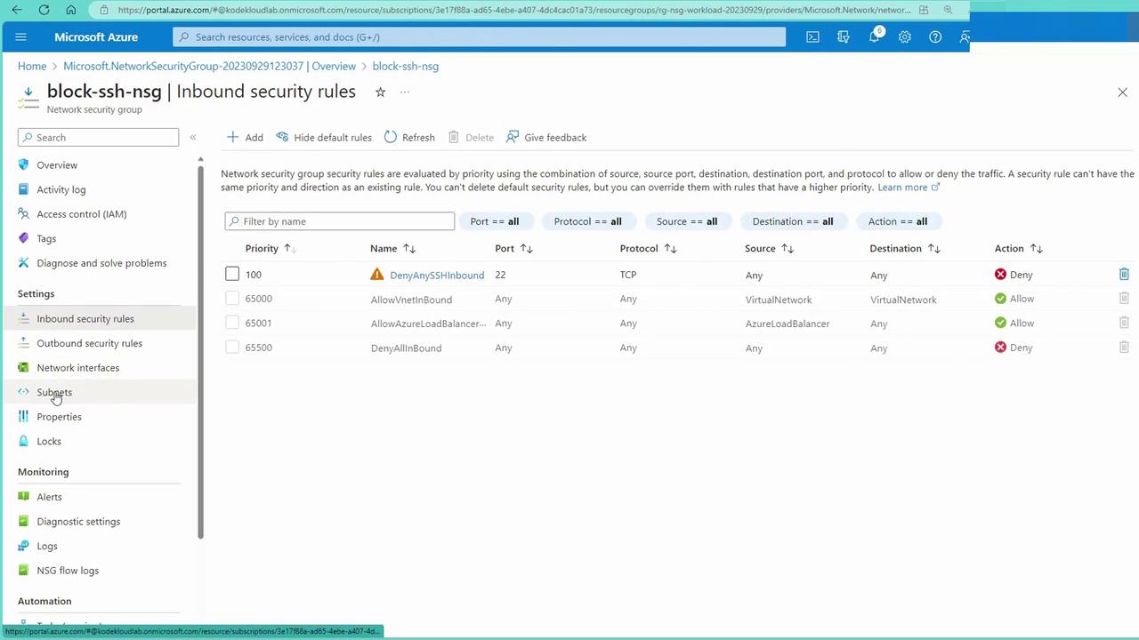The image shows a Microsoft Azure portal screen displaying inbound security rules for a network security group. It lists rules with details such as priority, name, port, protocol, source, destination, and action (allow or deny).