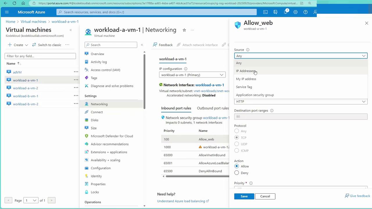 The image shows a Microsoft Azure portal interface, specifically the networking settings for a virtual machine named "workload-a-vm-1." It includes options for configuring inbound port rules and setting source IP addresses for network security.