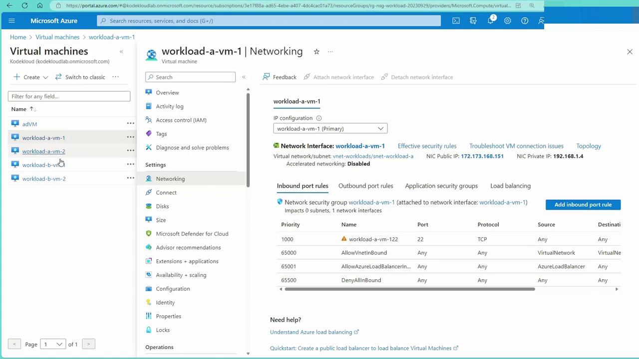 The image shows a Microsoft Azure portal interface displaying the networking settings for a virtual machine named "workload-a-vm-1," including inbound port rules and network security group details.