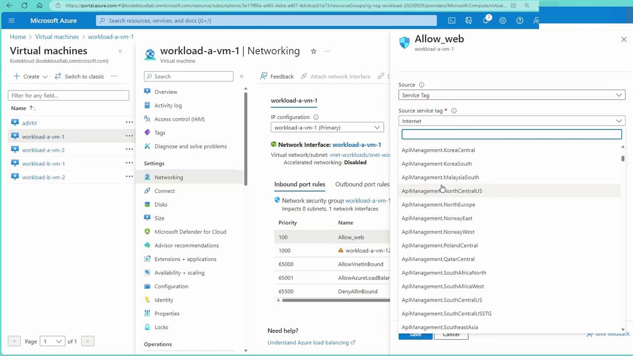 The image shows a Microsoft Azure portal interface, specifically the networking settings for a virtual machine named "workload-a-vm-1," with a focus on configuring inbound port rules and service tags.