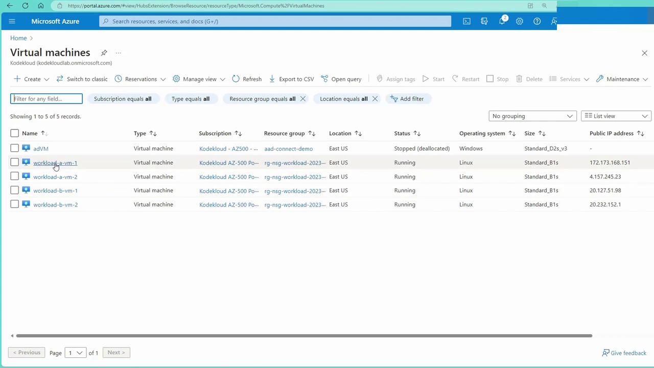 The image shows a Microsoft Azure portal interface displaying a list of virtual machines, including details like name, type, subscription, location, status, operating system, size, and public IP address.