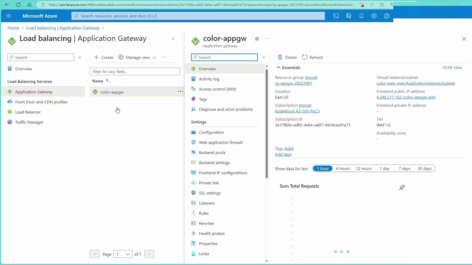 The image shows a Microsoft Azure portal interface focused on the "Application Gateway" under "Load Balancing Services," with details of a specific gateway named "color-appgw" displayed on the right.