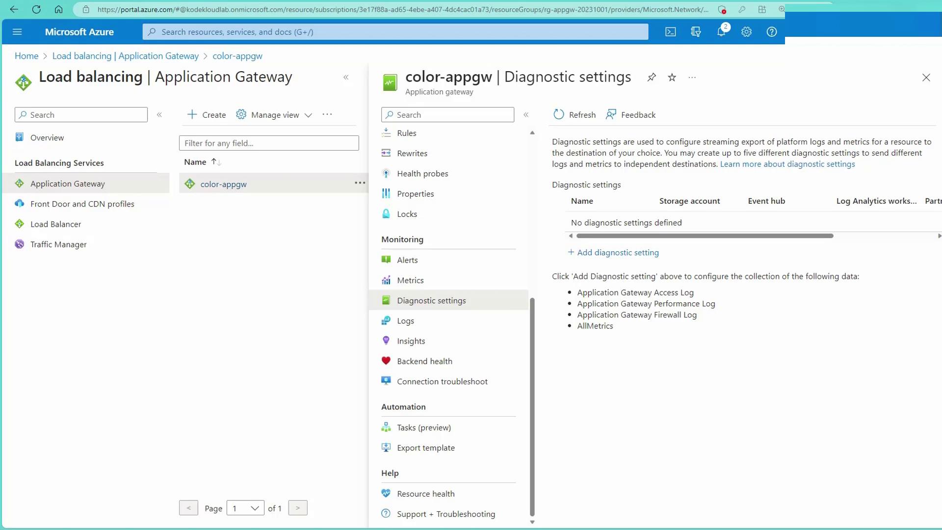 The image shows the Microsoft Azure portal with the "Diagnostic settings" page for an Application Gateway named "color-appgw." It displays options for configuring diagnostic settings, including logs and metrics.