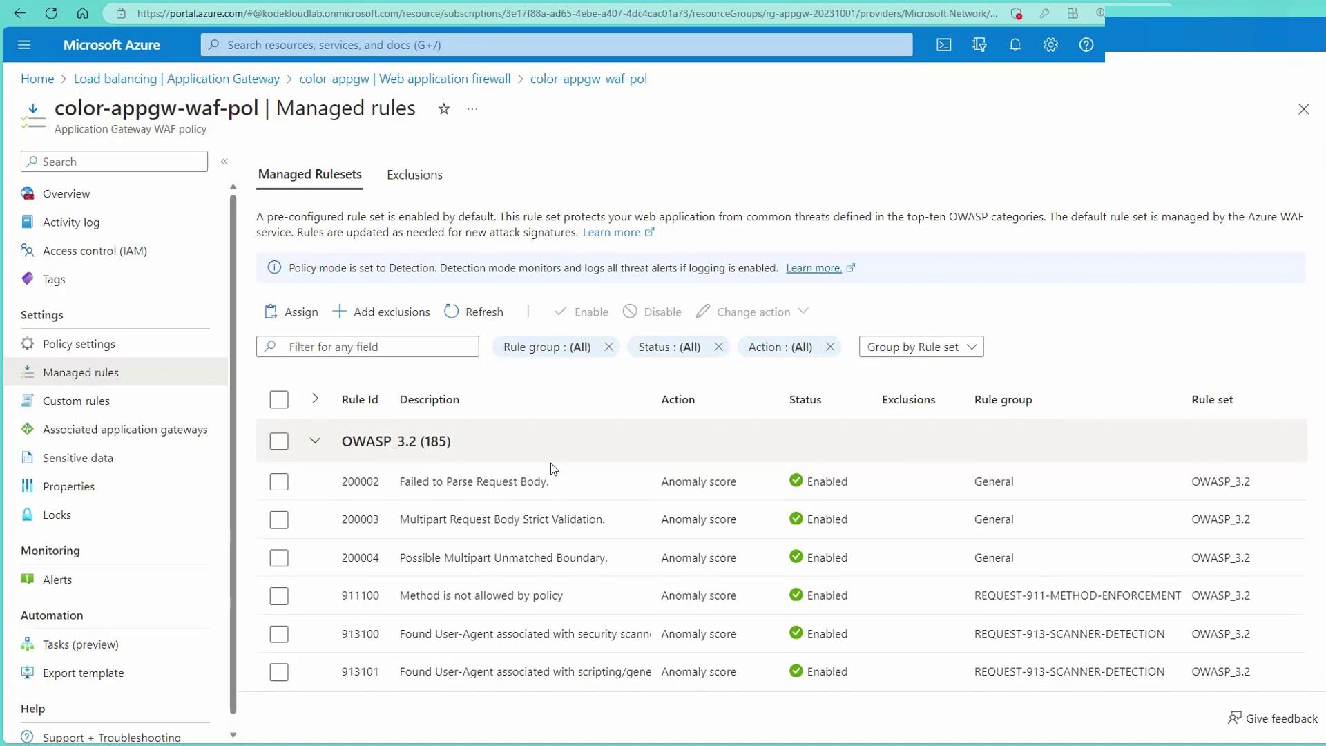 The image shows a Microsoft Azure portal interface displaying managed rules for a Web Application Firewall (WAF) policy. It lists various OWASP rules with their IDs, descriptions, actions, and statuses.