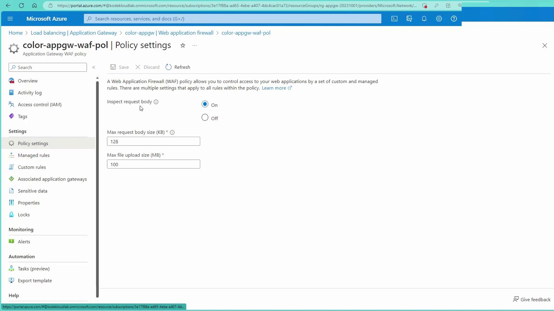 The image shows a Microsoft Azure portal page for configuring a Web Application Firewall (WAF) policy, with options to set request body size and file upload size limits.