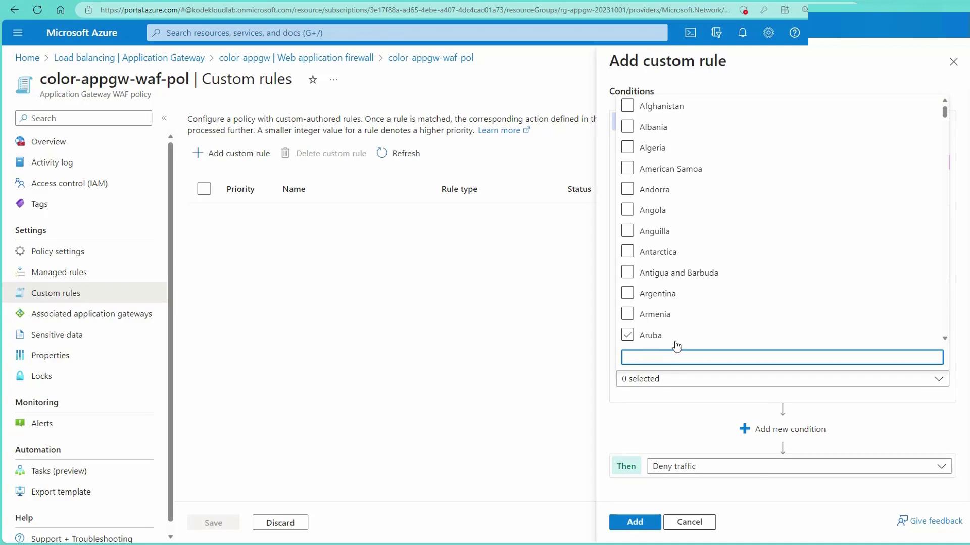 The image shows a Microsoft Azure portal interface for configuring a Web Application Firewall (WAF) policy with custom rules. A panel on the right is open for adding a custom rule, displaying a list of countries to select conditions for the rule.