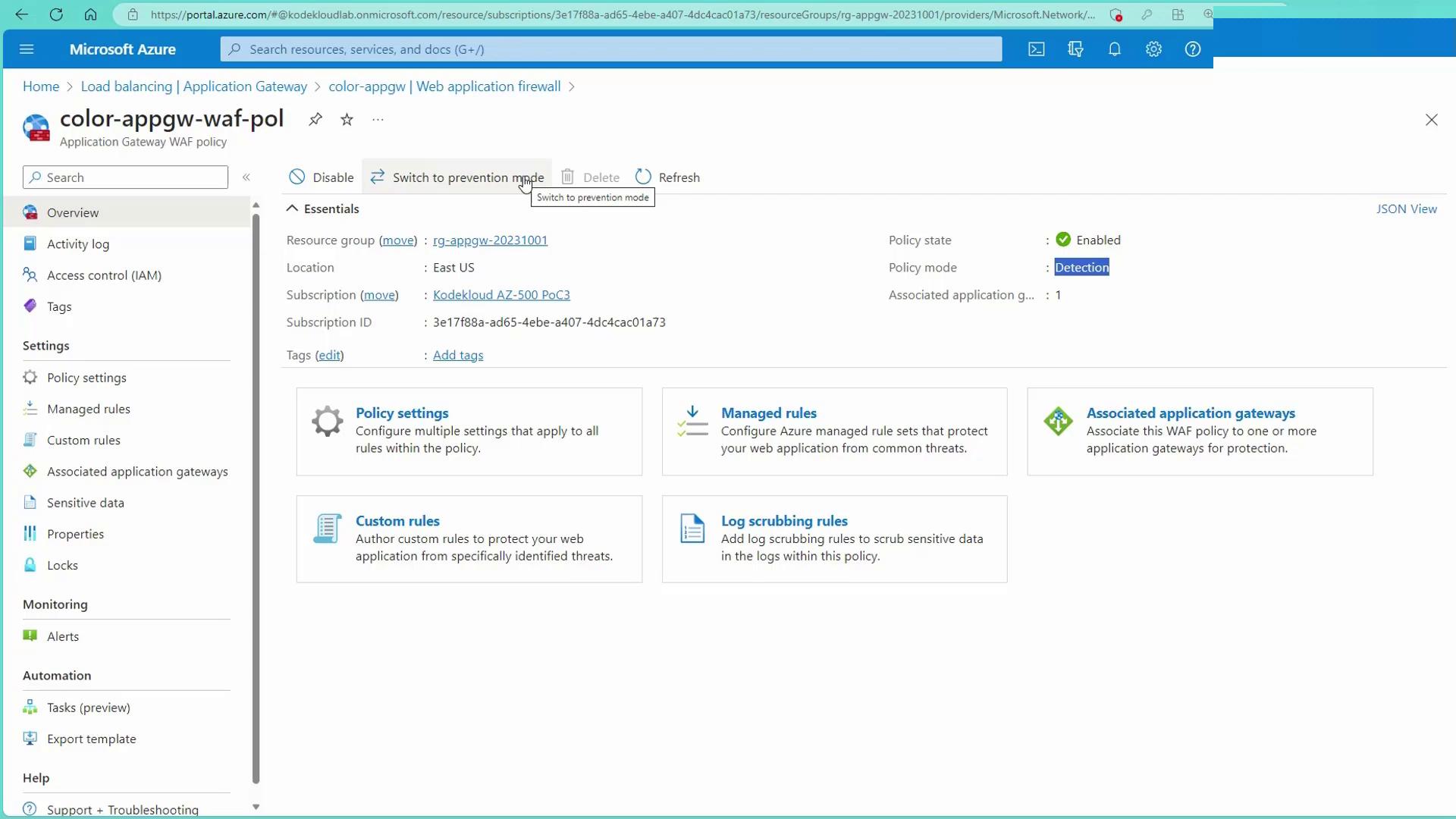 The image shows a Microsoft Azure portal interface for managing a Web Application Firewall (WAF) policy, with options for policy settings, managed rules, and associated application gateways.