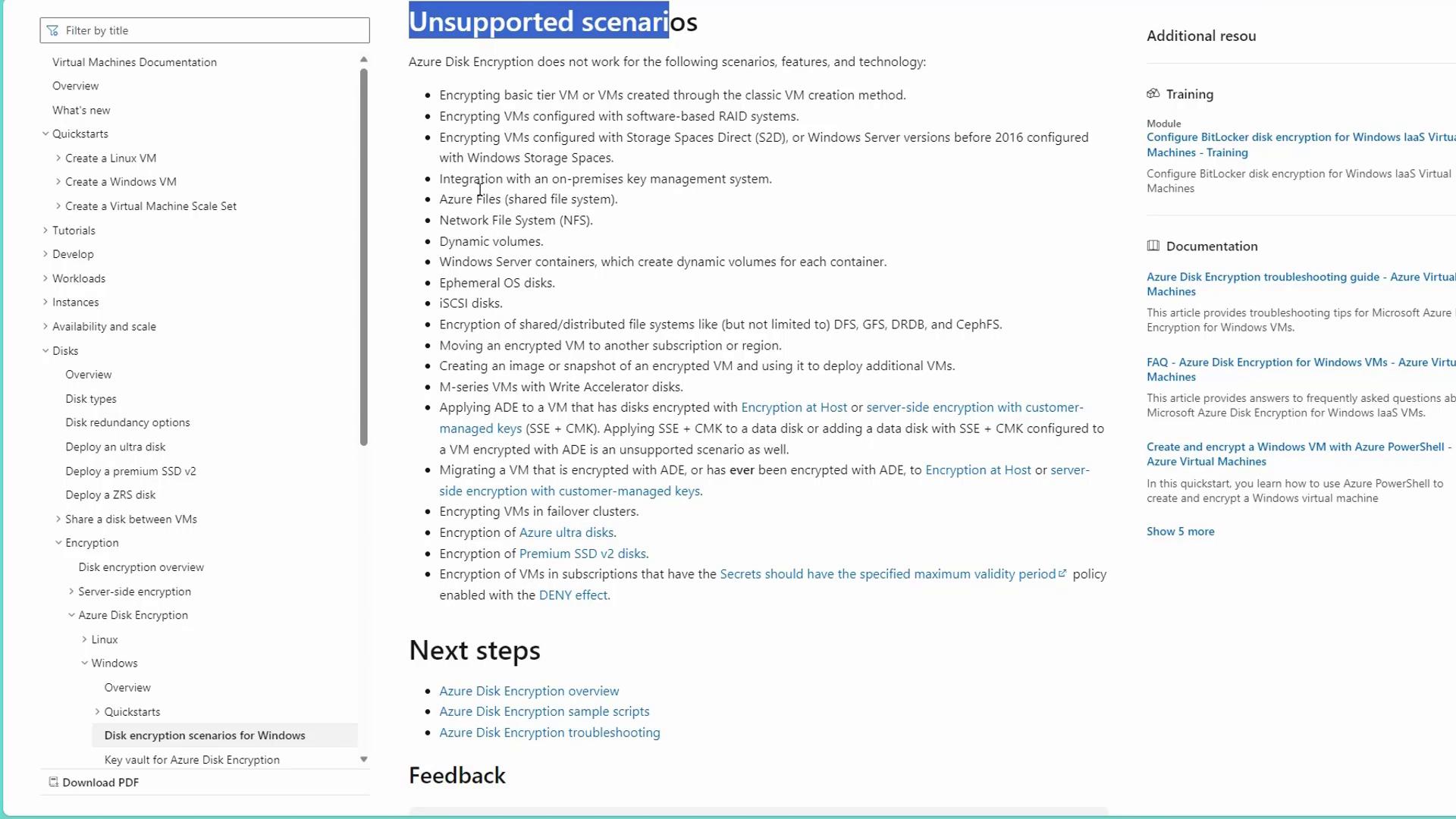The image is a screenshot of a webpage detailing unsupported scenarios for Azure Disk Encryption, listing various configurations and technologies that are not compatible. It includes a navigation menu on the left and additional resources on the right.