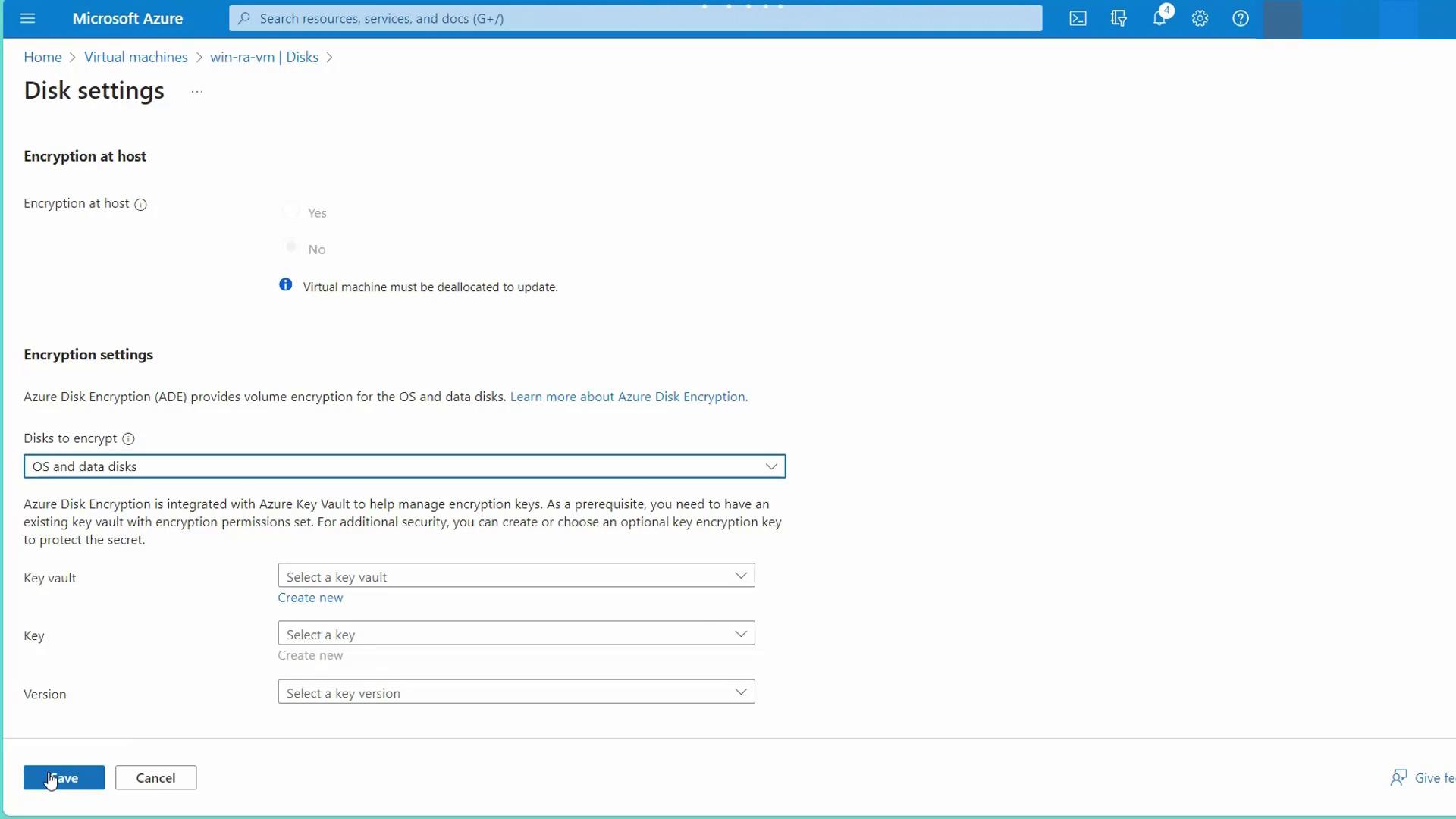 The image shows the "Disk settings" page in Microsoft Azure, where encryption options for virtual machine disks are configured, including settings for encryption at host and Azure Disk Encryption.