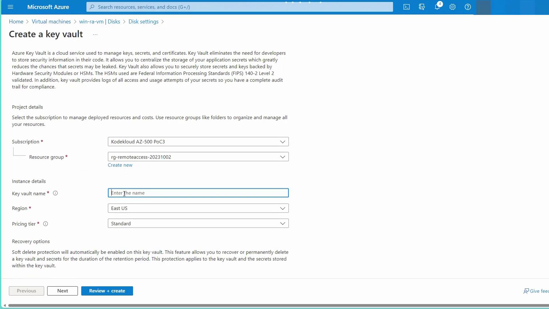 The image shows a Microsoft Azure interface for creating a key vault, with fields for subscription, resource group, key vault name, region, and pricing tier.