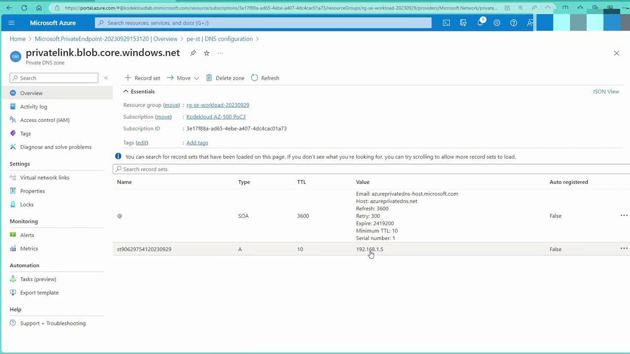 The image shows a Microsoft Azure portal interface displaying DNS configuration details for a private DNS zone, including resource group, subscription information, and DNS records.