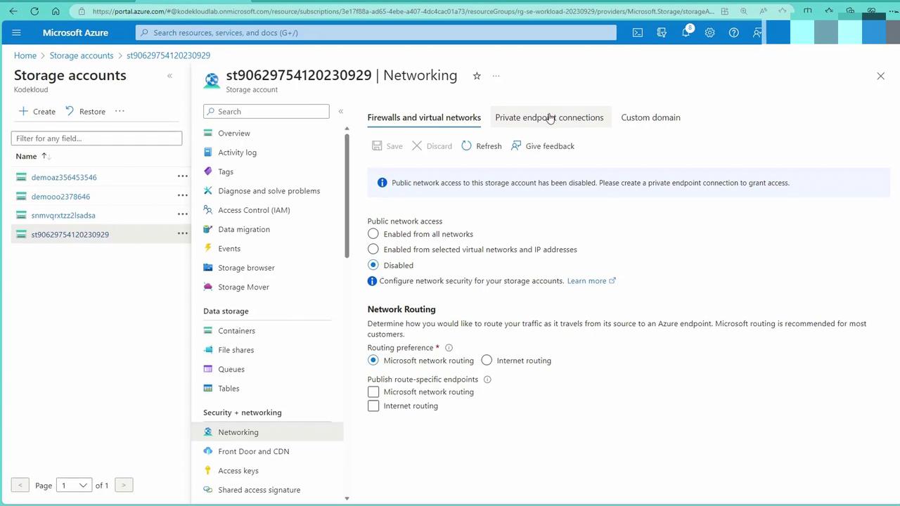 The image shows a Microsoft Azure portal interface focused on the networking settings of a storage account. It displays options for configuring public network access and network routing preferences.