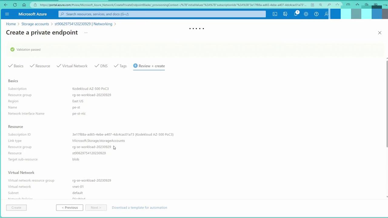The image shows a Microsoft Azure portal interface for creating a private endpoint, displaying details such as subscription, resource group, and virtual network information. The "Review + create" step is highlighted, indicating the final review before creation.