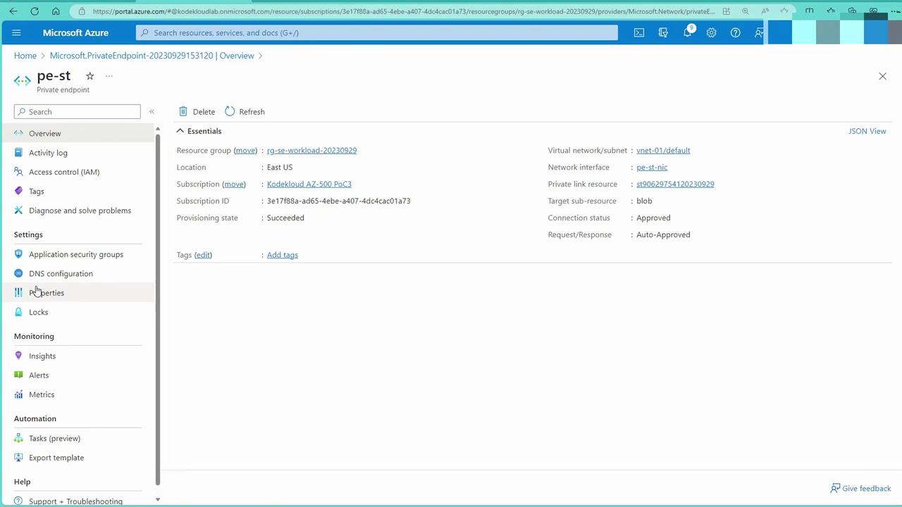 The image shows a Microsoft Azure portal interface displaying details of a private endpoint, including resource group, location, subscription ID, and connection status.