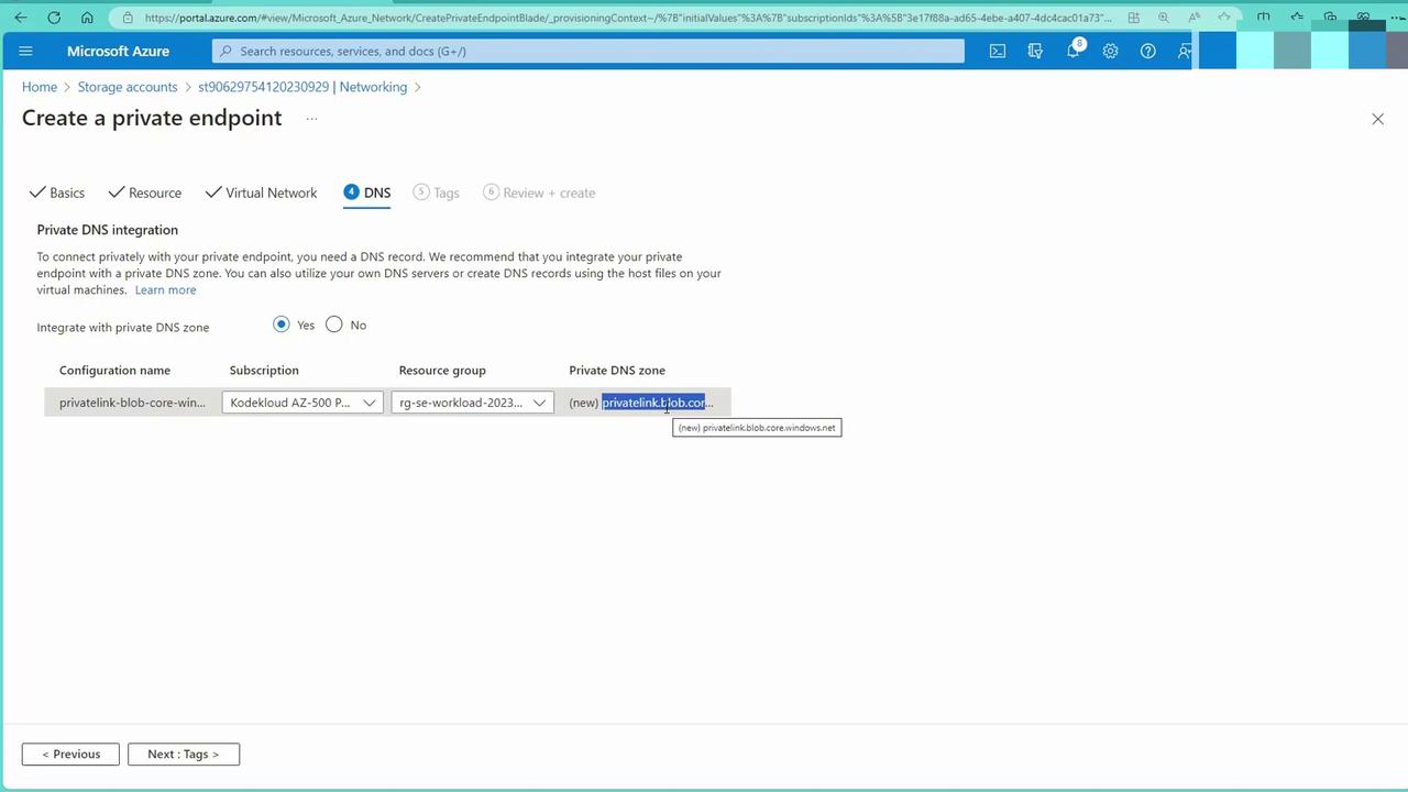 The image shows a Microsoft Azure portal interface for creating a private endpoint, specifically focusing on the DNS integration step. It includes options for configuring a private DNS zone and selecting a subscription and resource group.