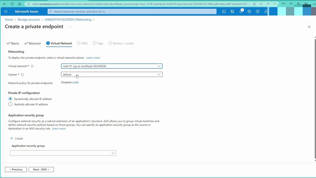 The image shows a Microsoft Azure interface for creating a private endpoint, with options to select a virtual network and subnet, configure a private IP, and set an application security group.