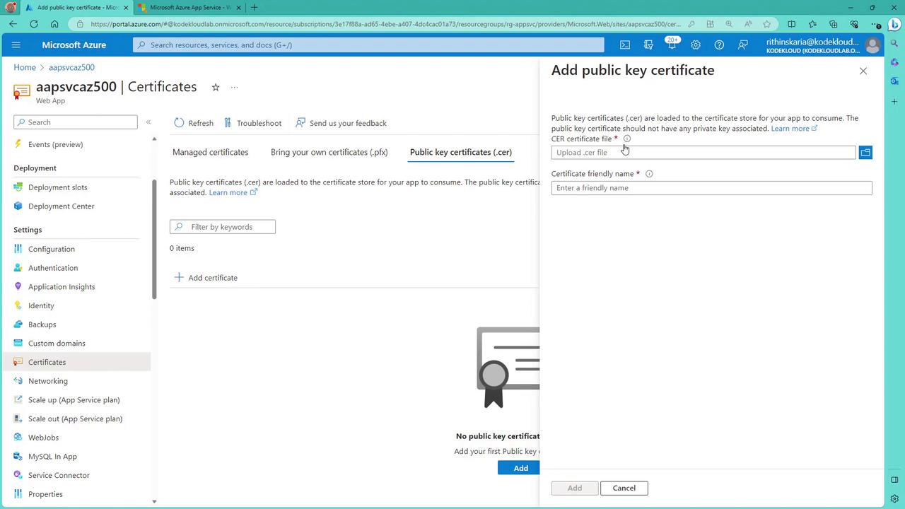 The image shows a Microsoft Azure portal interface for adding a public key certificate to a web app. It includes options to upload a .cer file and enter a certificate friendly name.