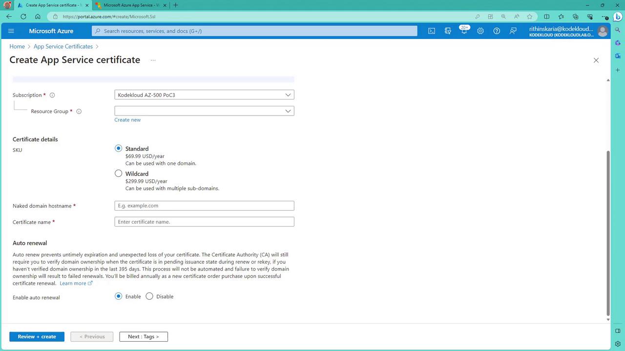 The image shows a Microsoft Azure portal page for creating an App Service certificate, with options to select subscription, resource group, certificate type (Standard or Wildcard), and auto-renewal settings.