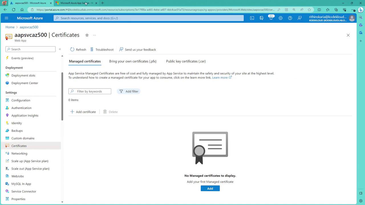 The image shows a Microsoft Azure portal page for managing certificates in a web app named "aapsvcaz500." It indicates that there are currently no managed certificates displayed, with an option to add a new one.