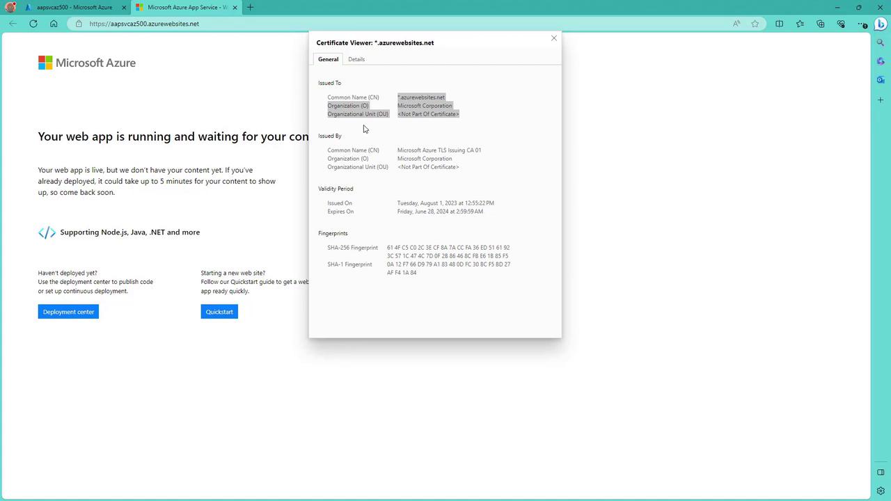 The image shows a Microsoft Azure web app page indicating the app is running but waiting for content, alongside a certificate viewer window displaying SSL certificate details for an Azure website.