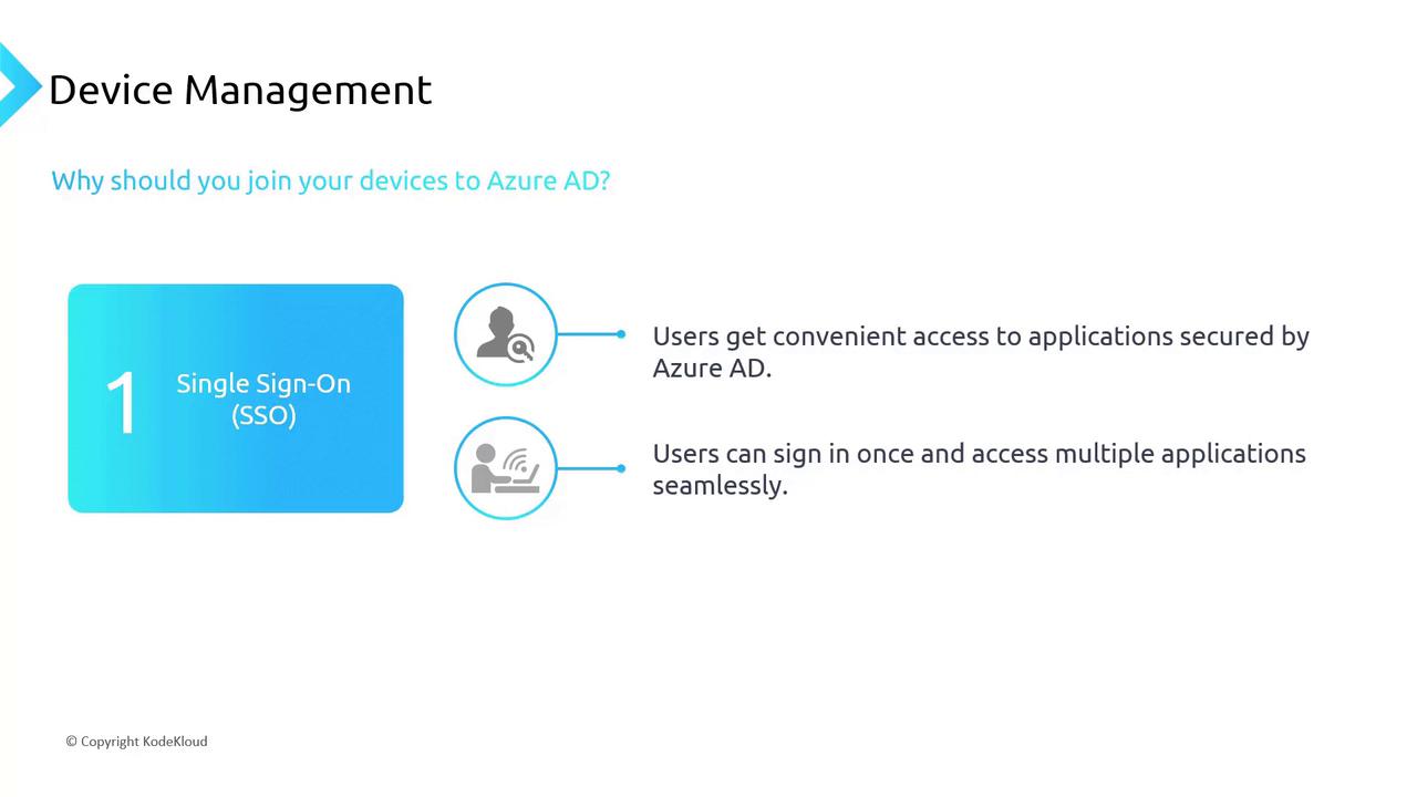 The image is about device management, highlighting the benefits of joining devices to Azure AD, specifically focusing on Single Sign-On (SSO) for convenient access to applications.