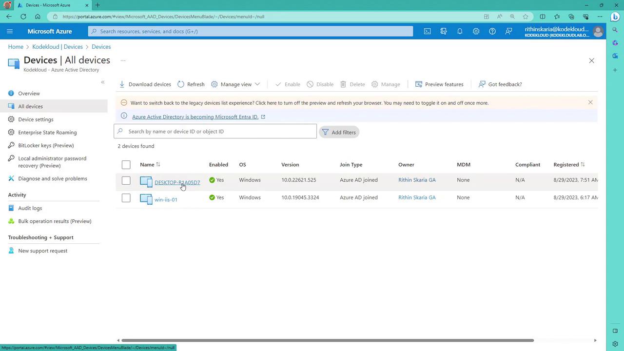 The image shows a Microsoft Azure portal interface displaying a list of devices under "All devices" in Azure Active Directory, with details such as device name, OS, version, and owner.