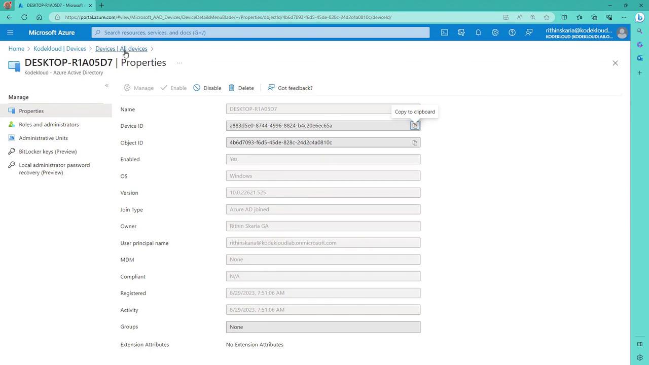 The image shows a Microsoft Azure portal page displaying the properties of a device named "DESKTOP-R1A05D7," including details like Device ID, OS, and owner information.