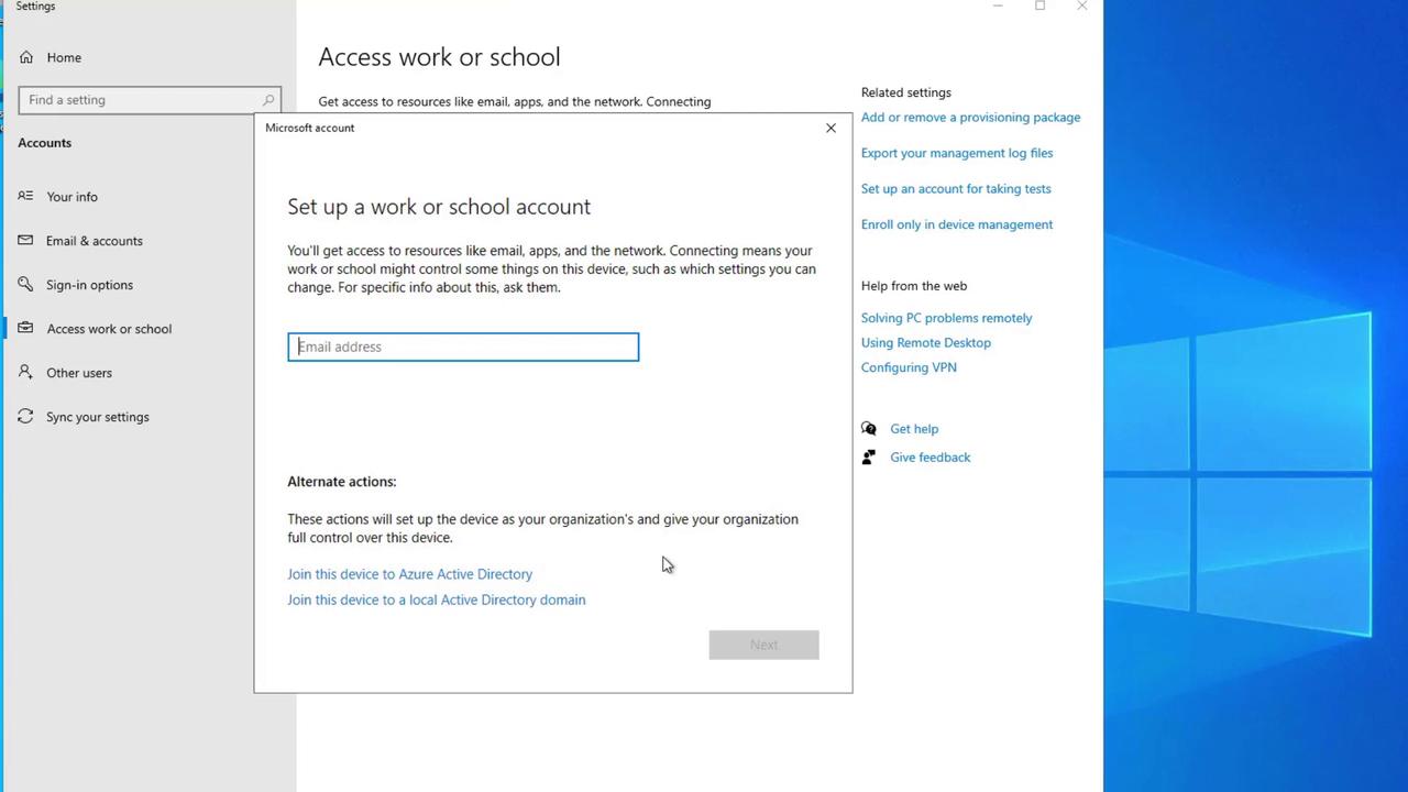 The image shows a Windows settings screen for setting up a work or school account, with options to join Azure Active Directory or a local Active Directory domain.