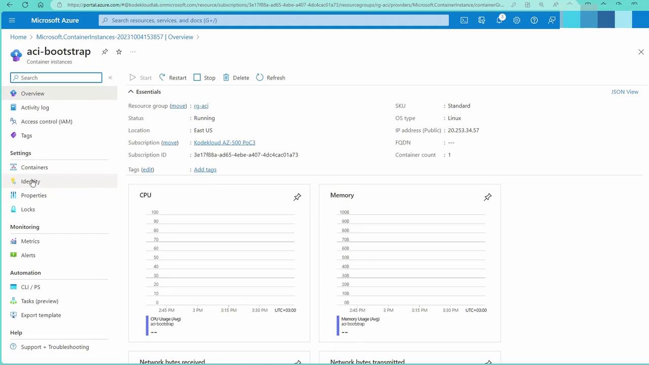 The image shows a Microsoft Azure portal interface displaying details of a container instance named "aci-bootstrap," including its status, location, and resource usage metrics for CPU and memory.