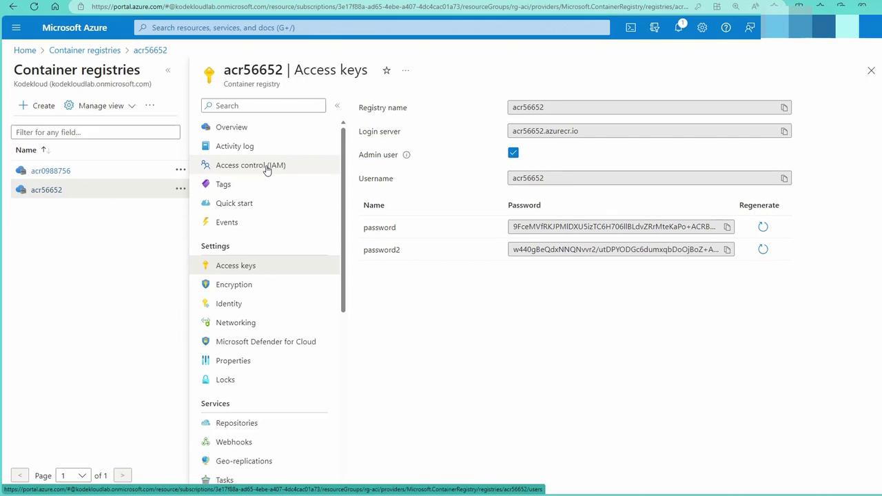 The image shows the Microsoft Azure portal displaying the access keys section for a container registry named "acr56652." It includes details like the registry name, login server, and passwords.
