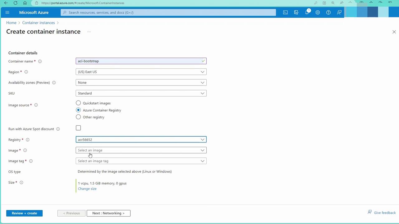 The image shows a Microsoft Azure portal interface for creating a container instance, with fields for container details such as name, region, SKU, and image source.