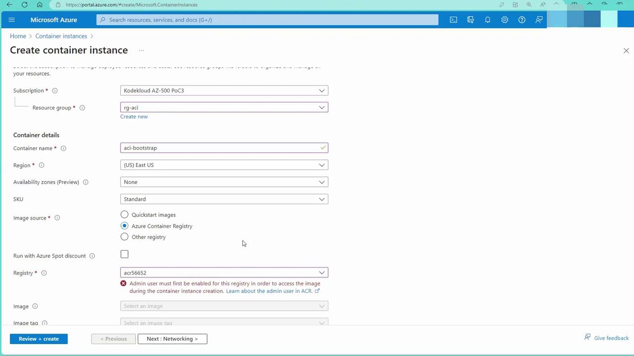 The image shows a Microsoft Azure portal interface for creating a container instance, with fields for subscription, resource group, container details, and image source.