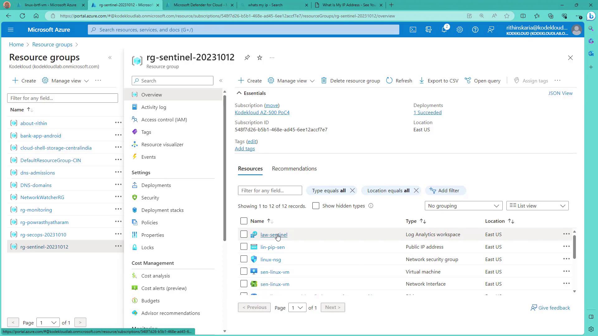 The image shows a Microsoft Azure portal interface displaying details of a resource group named "rg-sentinel-20231012," including resources like a Log Analytics workspace and a virtual machine, all located in East US.