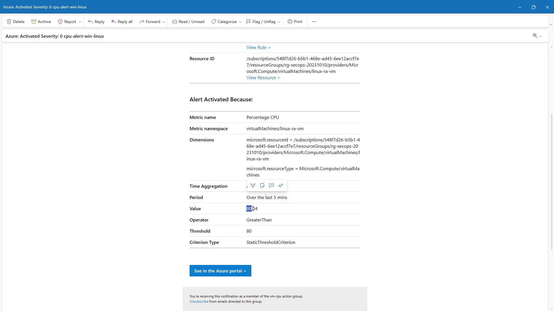 The image shows an Azure alert notification for a virtual machine, indicating that the CPU percentage exceeded a threshold of 80%. The alert details include resource ID, metric name, and time aggregation.