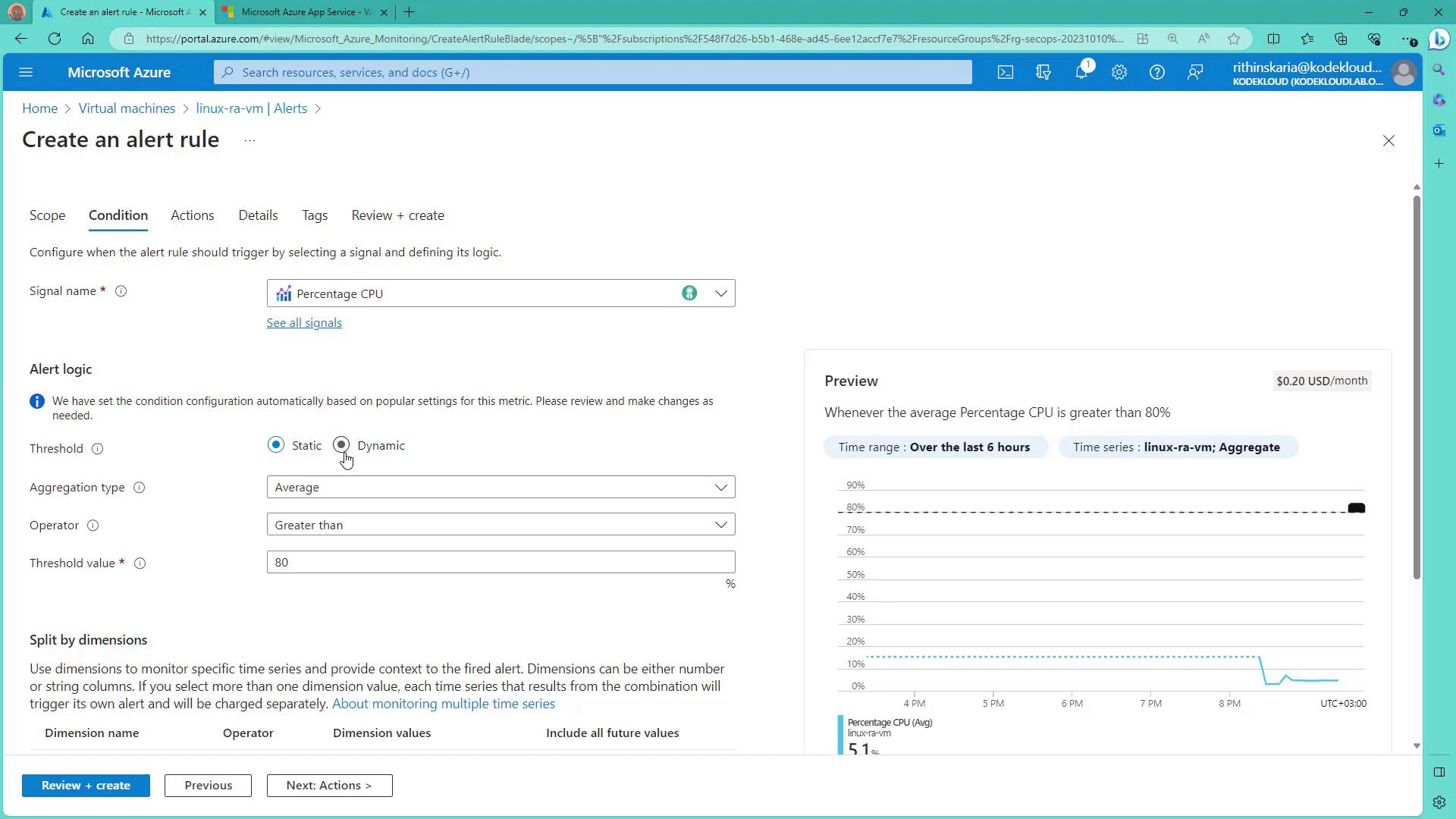 The image shows a Microsoft Azure interface for creating an alert rule based on CPU percentage usage, with options to set conditions, thresholds, and preview the alert logic.