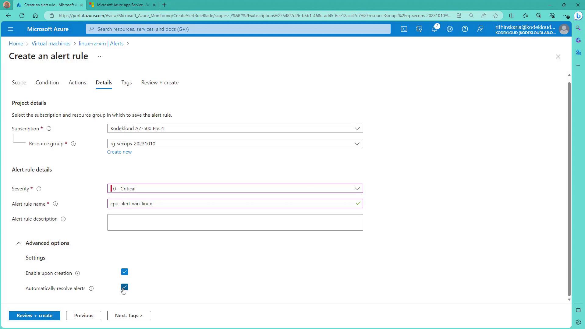 The image shows a Microsoft Azure interface for creating an alert rule, with fields for project details, alert rule details, and advanced options. The alert rule is set to "Critical" severity with the name "cpu-alert-win-linux."