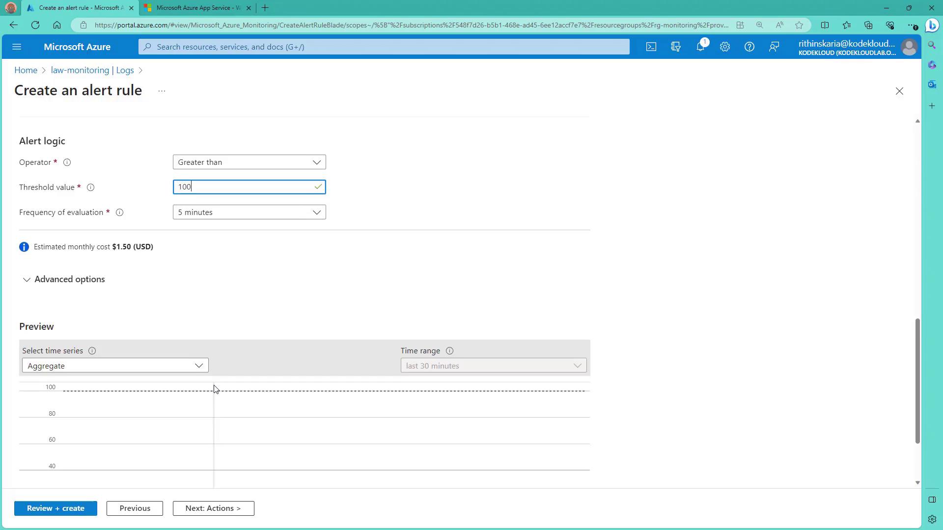 The image shows a Microsoft Azure interface for creating an alert rule, with options to set alert logic, threshold value, and frequency of evaluation. A preview section displays a graph with a threshold line at 100.