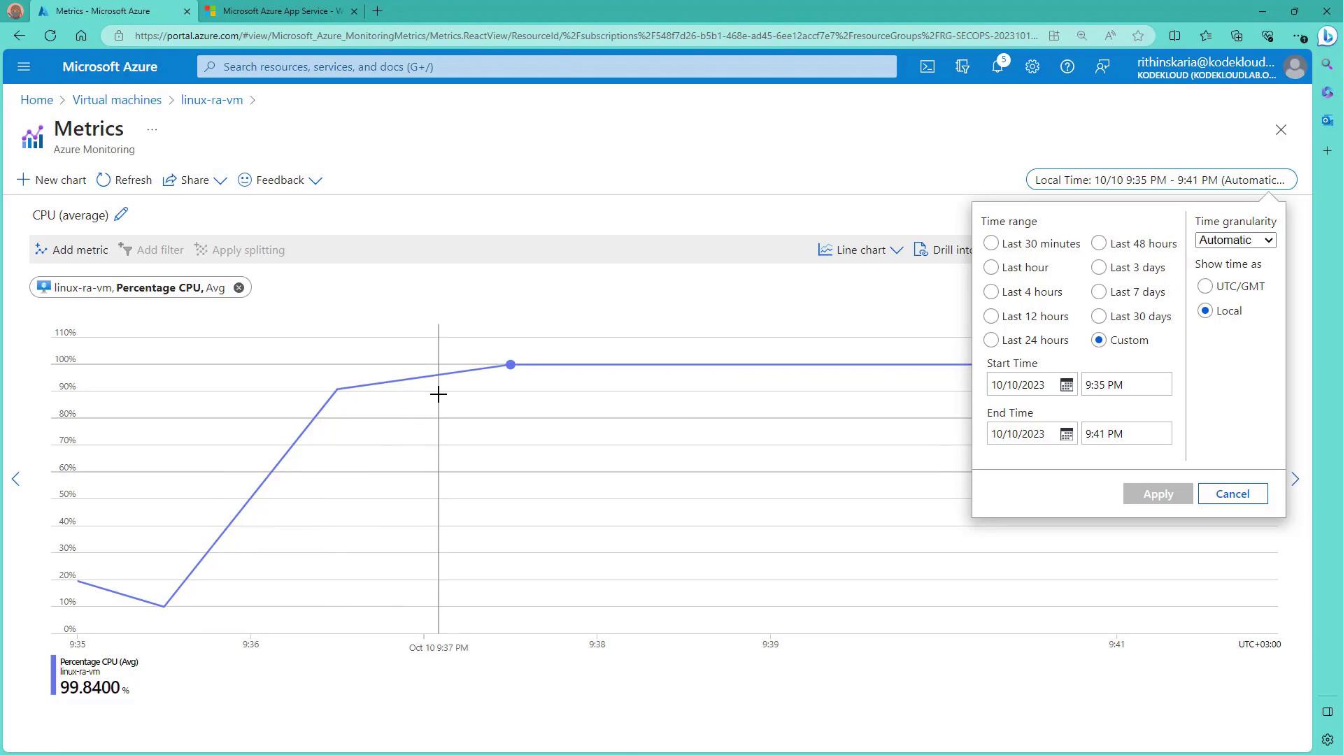 The image shows a Microsoft Azure monitoring dashboard displaying a line chart of CPU usage for a virtual machine, with the CPU percentage reaching approximately 99.84%. A time range selection menu is open on the right side.