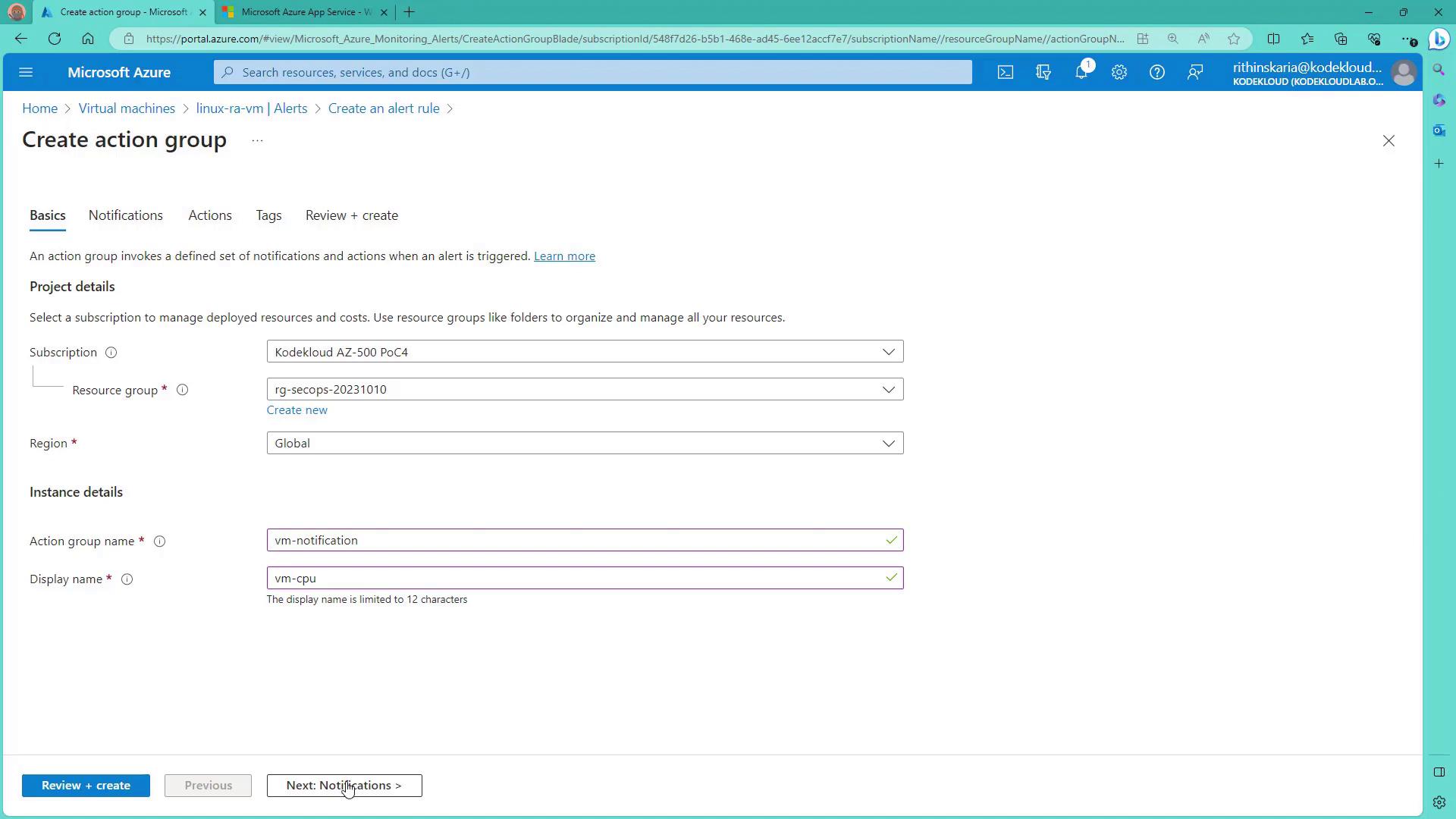 The image shows a Microsoft Azure portal interface for creating an action group, with fields for project and instance details, and options to proceed to notifications or review and create.
