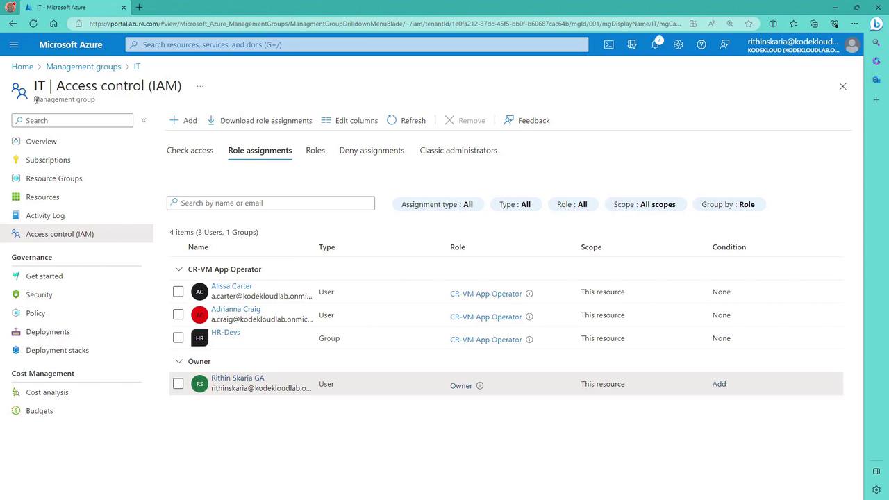 The image shows a Microsoft Azure portal page displaying the "Access control (IAM)" section for a management group. It lists role assignments for users and groups, detailing their roles and scope within the resource.