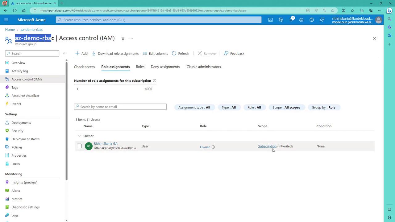 The image shows the Microsoft Azure portal's Access Control (IAM) page, displaying role assignments for a subscription, with one user listed as the owner.