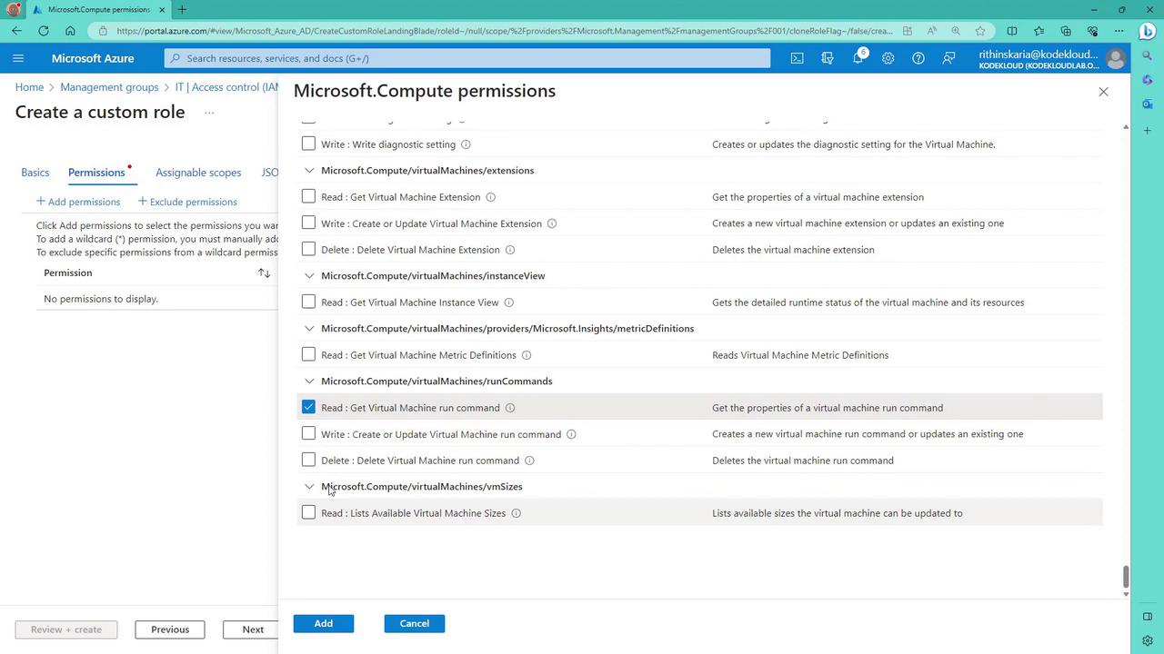 The image shows a Microsoft Azure portal interface for creating a custom role, specifically focusing on setting permissions related to Microsoft.Compute. Various permissions are listed with checkboxes for actions like reading or writing virtual machine extensions and commands.