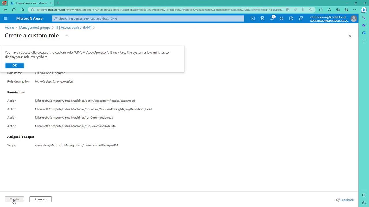 The image shows a Microsoft Azure portal screen where a custom role named "CR-VM App Operator" has been successfully created. It lists permissions and assignable scopes related to virtual machine operations.