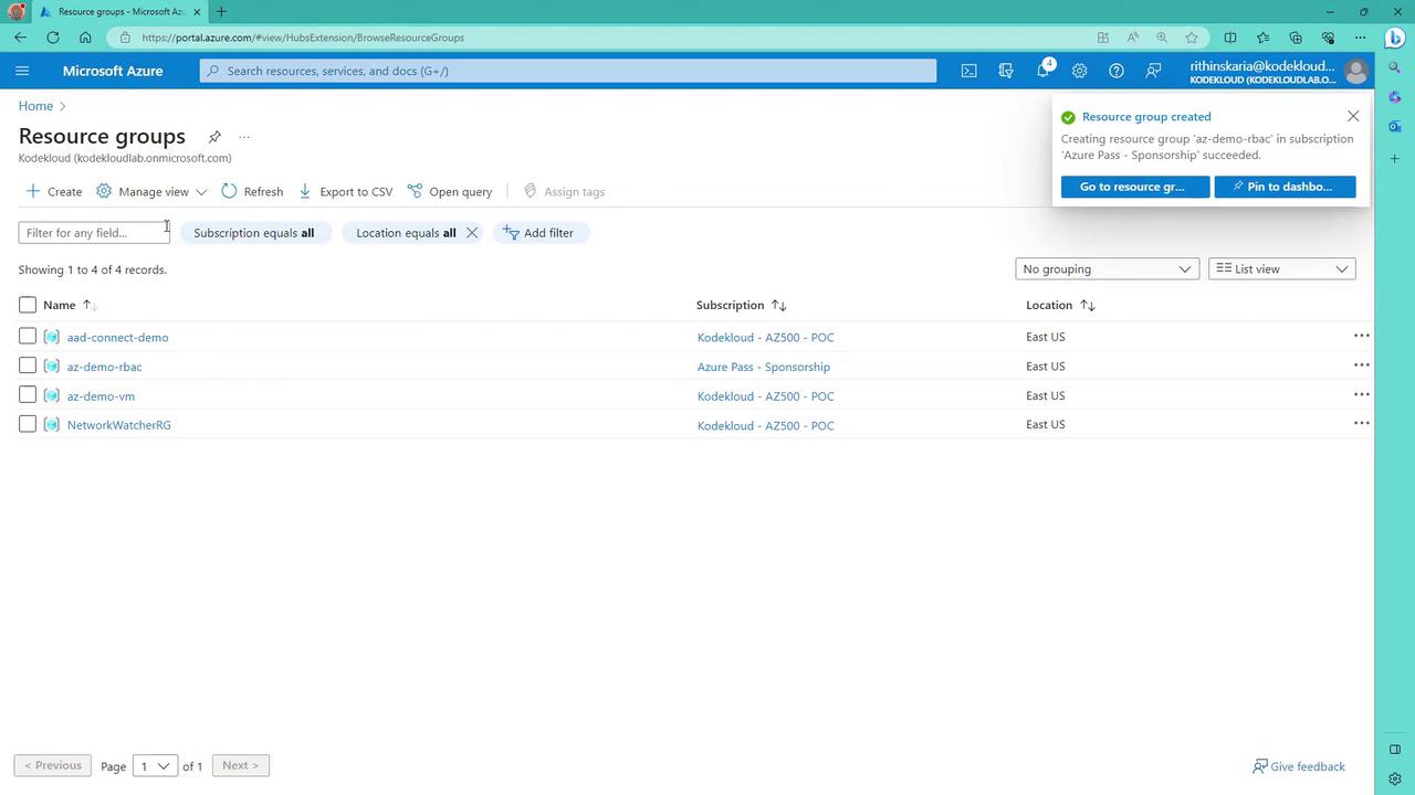 The image shows a Microsoft Azure portal page displaying a list of resource groups, including their names, subscriptions, and locations. A notification indicates that a resource group was successfully created.