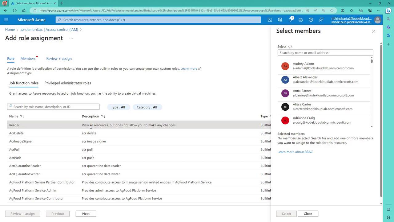 The image shows the Microsoft Azure portal interface for adding a role assignment, with a list of job function roles and a sidebar for selecting members to assign roles. The roles include descriptions and are categorized as built-in.